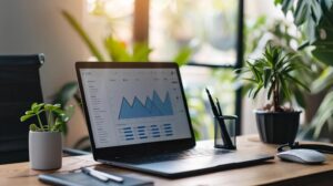 a sleek office desk setup features an open laptop displaying analytics on high-intent keywords, surrounded by premium stationery and an elegant fountain pen, set against a bright, inviting backdrop that promotes creativity and focus.